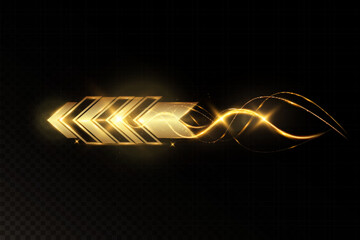 Golden glowing arrow with light trail, shiny dynamic tech symbol, futuristic abstract direction shape on dark background, fast motion speed concept.