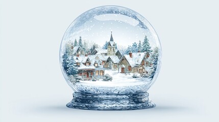 Snow globe showcasing a cozy winter village scene with a church and illuminated homes