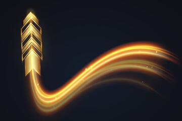 Golden glowing arrow with light trail, shiny dynamic tech symbol, futuristic abstract direction shape on dark background, fast motion speed concept.