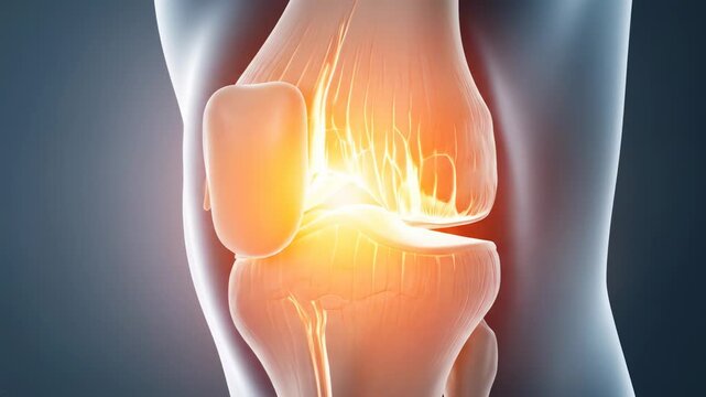 X-ray medical visualization of a swollen and inflamed knee joint in red-orange hues, showing cartilage damage, ideal for orthopedic pain and joint health education.