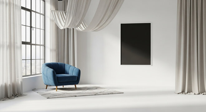 Modern curtain interior mockup, elegant white room with blue armchair and black vertical frame for poster artwork display layout scene template rendering design concept