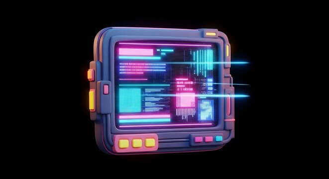 A futuristic sci-fi computer terminal with a glowing neon interface displaying data and code. - Powered by Adobe