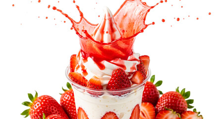 Delicious strawberry soft serve ice cream sundae with splash isolated on transparent background
