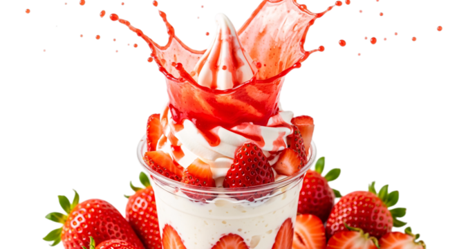 Delicious strawberry soft serve ice cream sundae with splash isolated on transparent background