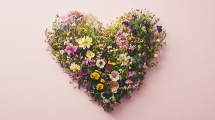A Vibrant Heart Shape Formed by Fresh Colorful Flowers on a Soft Pink Background Capturing the Essence of Love and Nature's Beauty in Blooming Glory