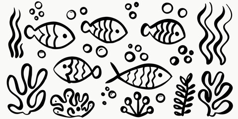 A collection of Fish & Aquatic Life hand-drawn vector set. Vector illustration.