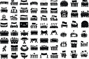 Protest Crowd with Banners Silhouette Icon Set Activists Holding Signs Vector Silhouette Collection