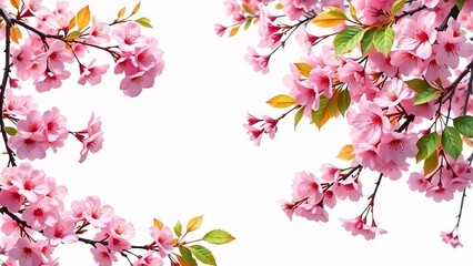 Fototapeta premium Delicate pink cherry blossoms frame the scene, capturing the essence of spring's blooming beauty isolated on white