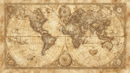 Fototapeta premium Vintage world map with aged parchment texture, detailed cartography in warm sepia tones for an antique aesthetic.