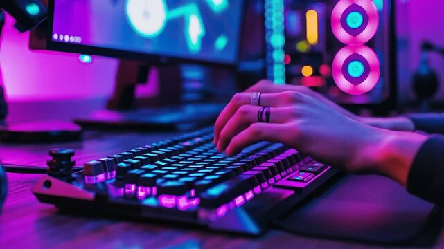 Hands typing on a keyboard in a brightly lit gaming setup - Powered by Adobe