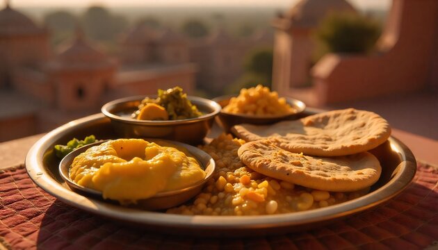 Royal Rajasthani thali with dal baati churma, gatte ki sabzi, ker sangri, and bajra roti on a brass plate with a palace-style background