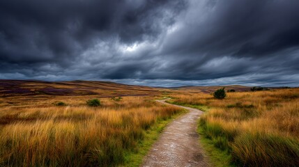 Fototapeta premium Dramatic Overcast Sky Over Moorland Peat Bog Path .