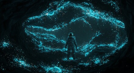 Fototapeta premium An astronaut floats in a surreal landscape with floating islands, lush vegetation, and a cloudy, dreamlike sky.