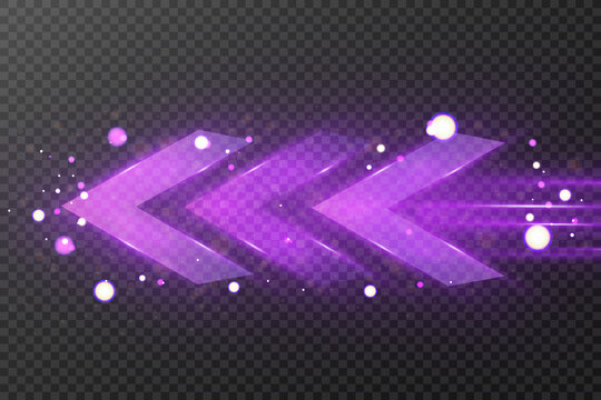 Purple glowing arrow with sparkles and light trail, neon fast forward symbol, futuristic speed.