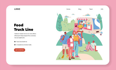 Festive Gathering at Food Truck Line Vector Illustration