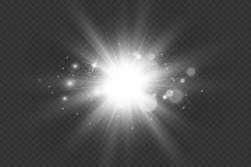White beautiful light explodes with a transparent explosion. Vector, bright illustration for perfect effect with sparkles. Bright Star. Transparent shine of the gloss gradient, bright flash.