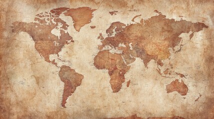 Vintage world map with aged parchment texture, detailed cartography in warm sepia tones for an antique aesthetic.