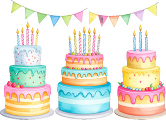 Bright birthday cakes decorated for a celebration. Whimsical layered cakes with colorful candles. Vibrant cakes with rainbow layers for a birthday. Colorful cakes with frosting, sprinkles, and candles