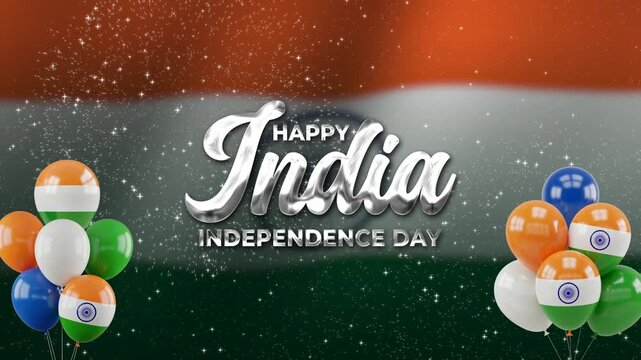 Happy India Independence Day lettering text Animation with Indian flag waving and ballons