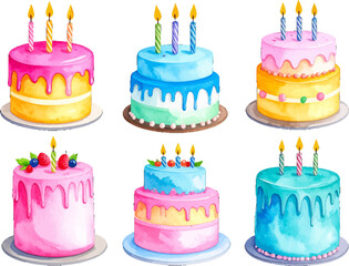 Happy birthday cakes with vibrant icing and topping. Celebration cake with colorful candles and icing. Sweet birthday cakes with colorful layers and sprinkles. Decorated cakes for birthday celebration