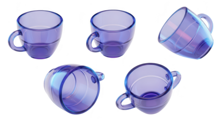 Five empty translucent purple glass teacups displayed at different angles isolated on a white studio background for product presentation
