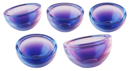 Five rendered glass bowls empty various angled views isolated on white suitable for product shots or food mockups