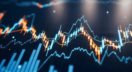Stock Market Data Visualization with Orange and Blue Line Charts on Dark Background