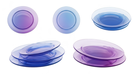 Transparent colored glass plates arranged in various poses on a white surface showing tabletop dishware options for restaurants and catering