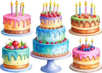Colorful birthday cakes with candles and decorations. Festive cakes with bright icing and birthday candles. Cute cakes decorated with colorful frosting and candles