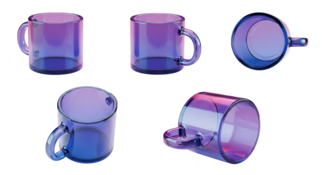 Glass mugs set varied angles on a white surface with gradient lighting suitable for product promotion or illustrating drinkware