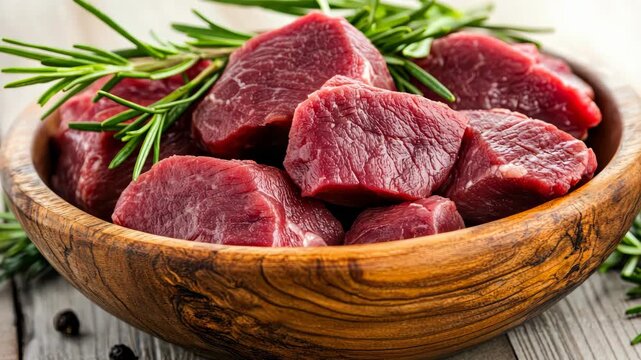 Delicious chunks of tender meat rest in a wooden bowl, surrounded by fresh herbs, ready for cooking or marinating to enhance flavor