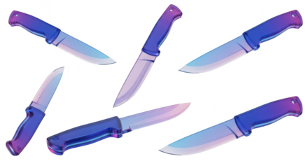 Rendered colorful knives arranged at various angles isolated on white suitable for culinary design or digital illustrations