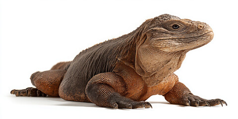 Brown iguana reptile with textured skin lying on white background