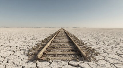 Fototapeta premium Empty train tracks across a cracked, white desert