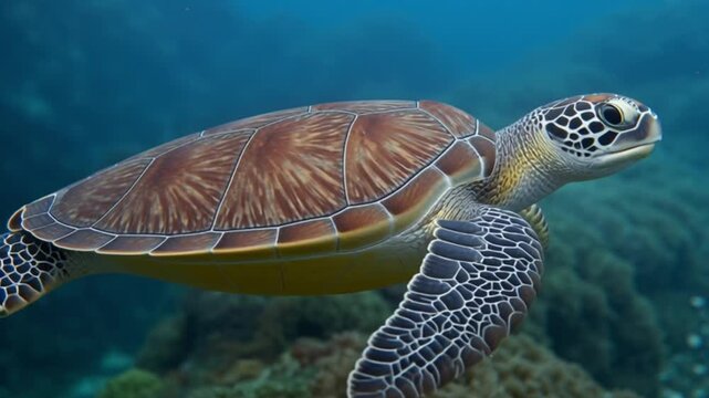 A sea turtle swims in the ocean showcasing its patterned shell and flippers