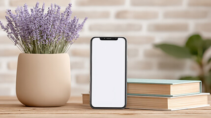 Smartphone with blank screen standing on stack of books near lavender flower pot