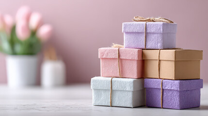 Stack of pastel colored cardboard gift boxes tied with string on white wooden table