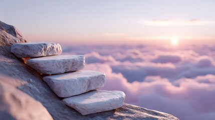 Stone steps ascending into golden sky above soft clouds at sunrise with peaceful atmosphere