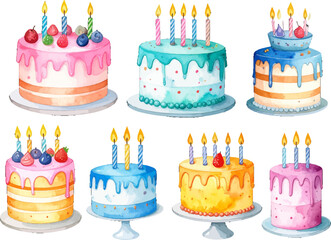 Colorful birthday cakes with candles and icing. Sweet layered cakes with vibrant frosting designs. Festive birthday cakes decorated with candles. Delicious cakes with bright colorful layers