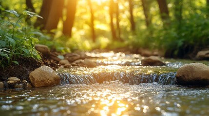 Sunlight streams over a tranquil forest brook.