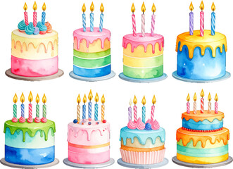 Beautiful birthday cakes with icing and candles. Creative birthday cakes in colorful pastel designs. Decorative cakes with icing, candles, and toppings. Colorful birthday cakes with sweet toppings