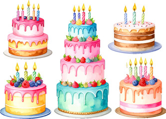 Watercolor birthday cakes with candles and fruit toppings. Bright birthday cakes with layers, candles, and sprinkles. Sweet birthday cakes with candles and fresh fruit decor
