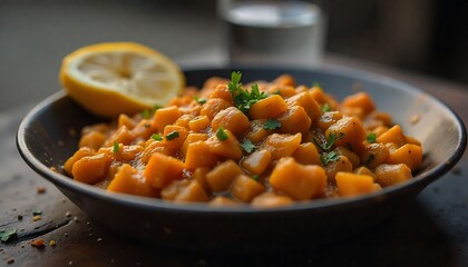Close-up of spicy chole bhature with chopped onions, lemon wedge, and green chilies, served on a roadside dhaba table