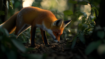 Obraz premium Red Fox Searching In Forest Floor At Sunset
