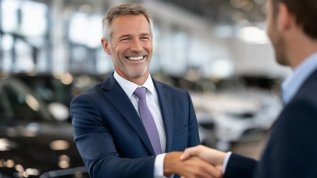 Friendly car salesman and satisfied customer shake hands beside a new car, surrounded by rows of vehicles in a sunlit showroom.
