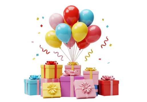 Colorful balloons float above stacked gift boxes with ribbons and bows, isolated on white or transparent background. PNG format