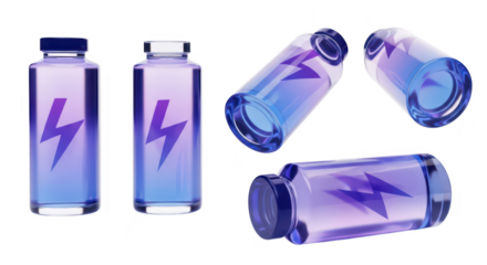 Glass vials with energy bolt symbol representing power or innovation arranged on a white surface Useful for health tech or science concepts