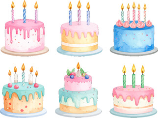 Colorful birthday cakes with candles and decorations. Bright and sweet birthday cakes with icing and candles. Vibrant birthday cakes decorated with cream and fruits