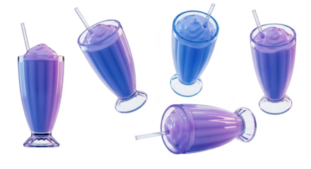 Five animated milkshakes float showcasing vibrant purple and blue colors presented on a plain white background suitable for food-themed digital content