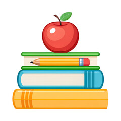 Flat Cartoon School Books Stack with Red Apple and Pencil – Transparent PNG Clipart